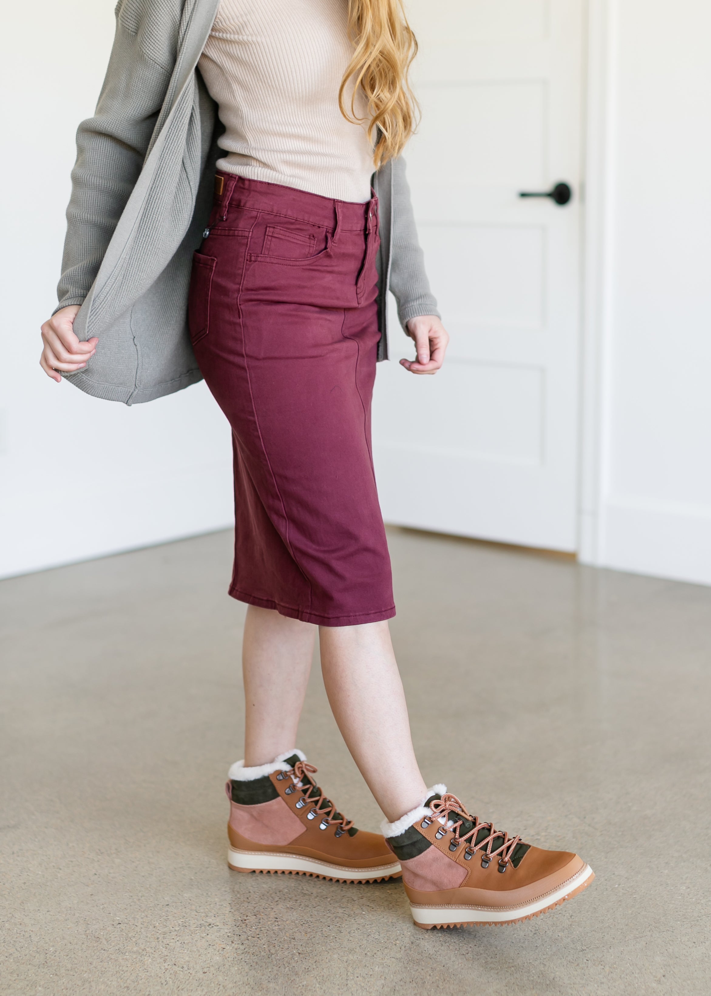 Remi Burgundy Denim Midi Skirt