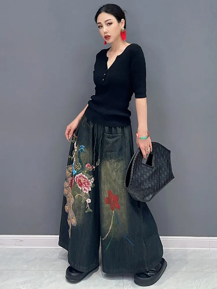 Classic Embroidery Elastic Waist Wide Leg Denim Pants