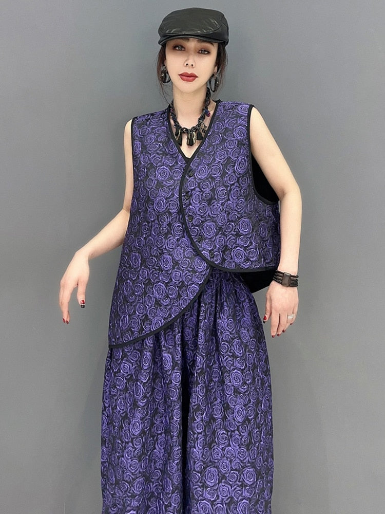 Purple Floral Vest & Elastic Waist Balloon Pants 2-Piece Set