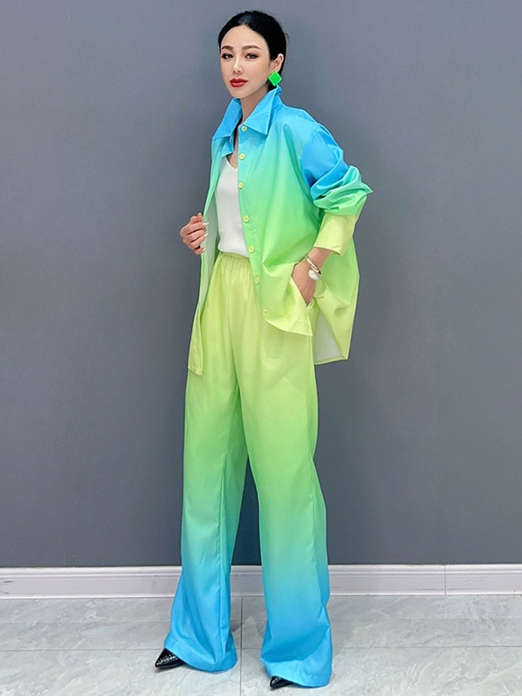 Trendy Fashion Duo Gradient Loose Long Sleeve Top & Pants Set