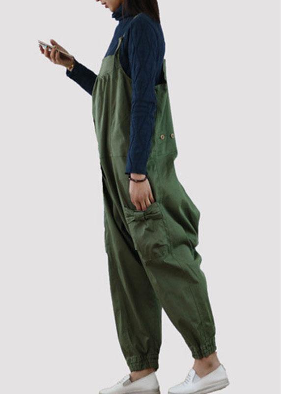 Handmade Green Casual Pockets Button Fall Cotton Romper Outfit