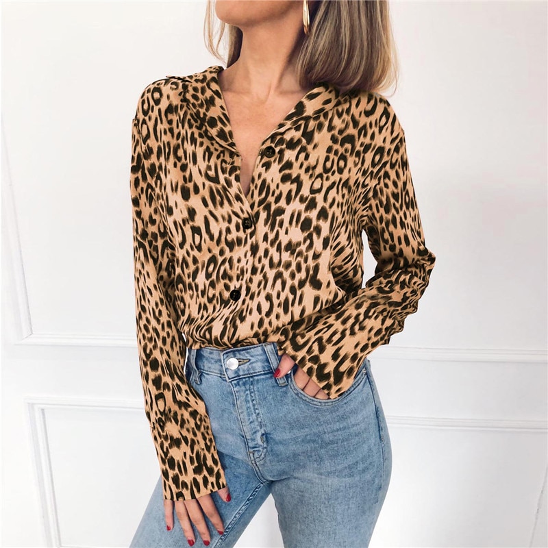Women Blouses Summer Chiffon Leopard Blouse Long Sleeve Turn Down Collar Lady Office Shirt Loose Tops