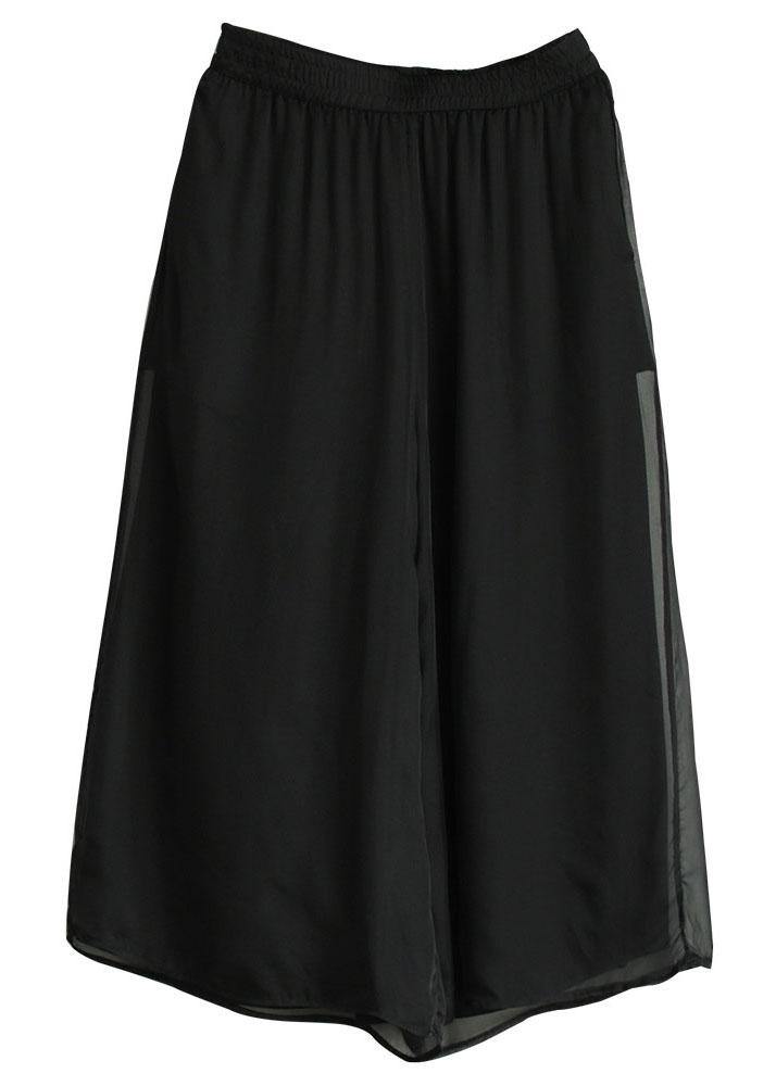 Handmade Black Elastic Waist Retro Wide Leg Crop Pants