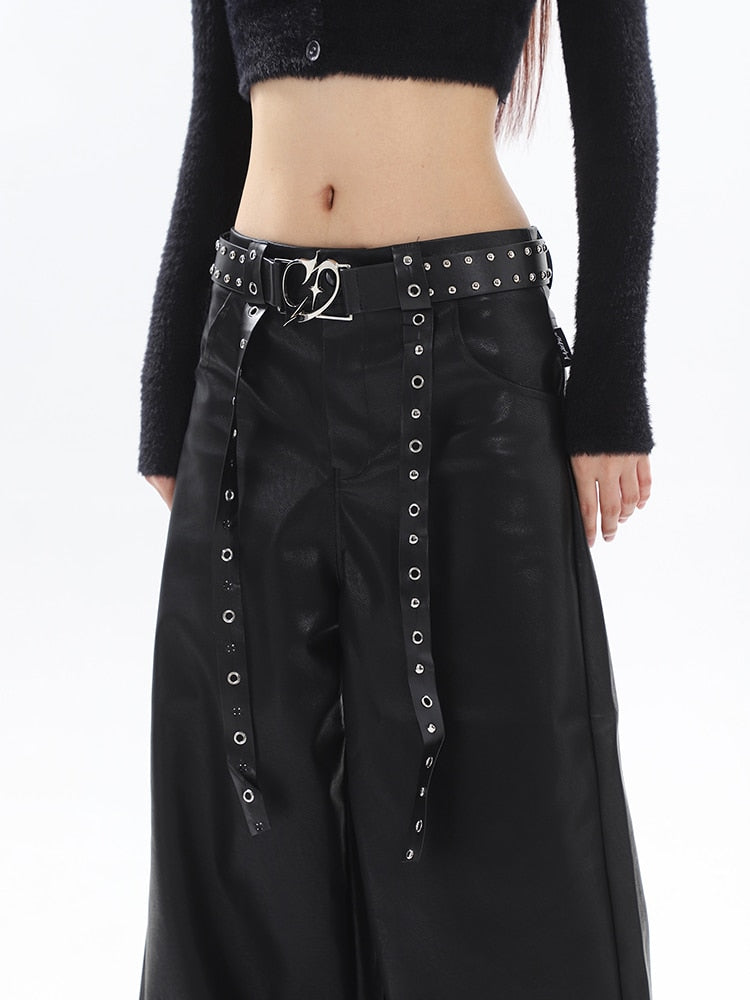 High-Fashion Metal-Accented Wide Leg Leather Pants