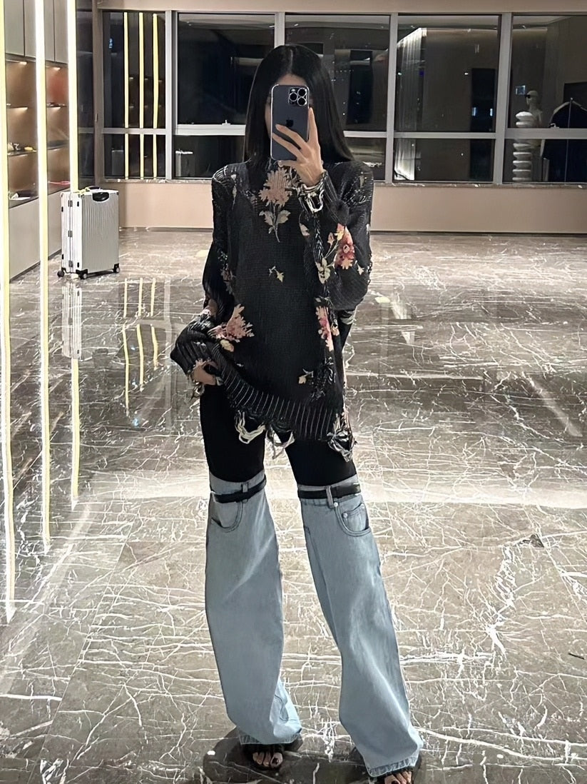 Luxury Haute Couture Thigh Jeans with Elastic Waist