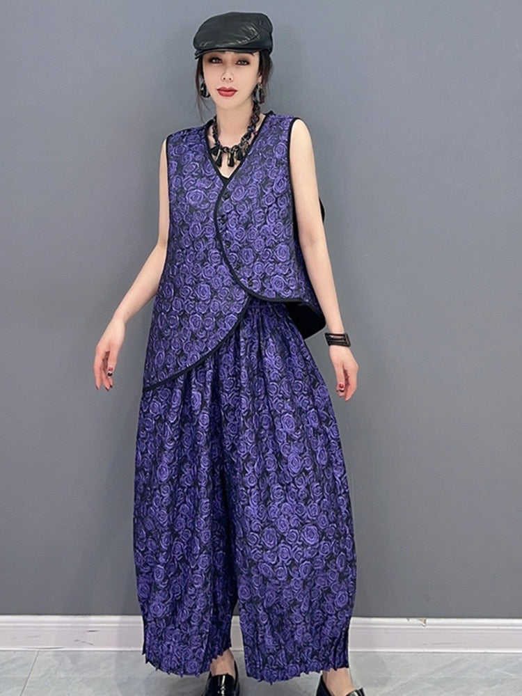 Purple Floral Vest & Elastic Waist Balloon Pants 2-Piece Set
