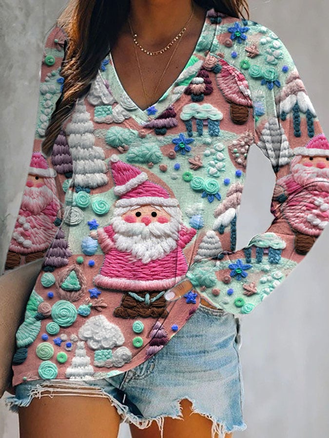 Women's Christmas Pink Santa V-Neck Top