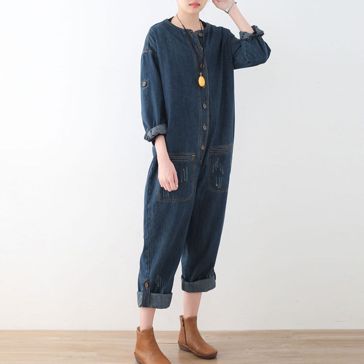 2021 blue casual cotton high waist plus size jumpsuit pants