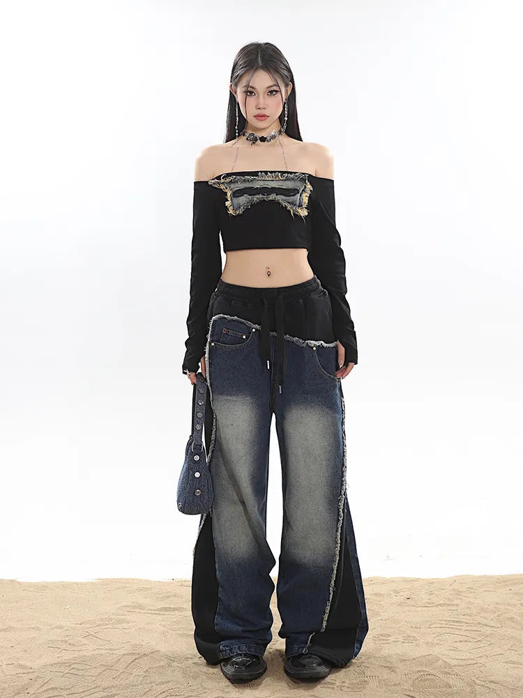 Classic Retro Elastic Waist Wide Leg Denim Pants