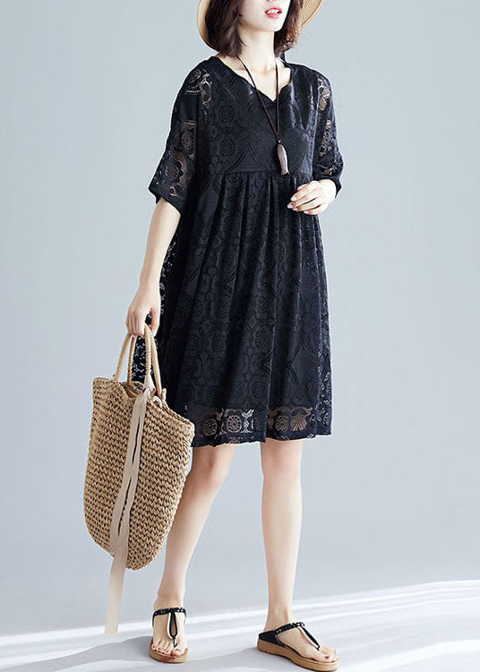 2022 Black V Neck Wrinkled Exra Large Hem Lace A Line Dress Short Sleeve