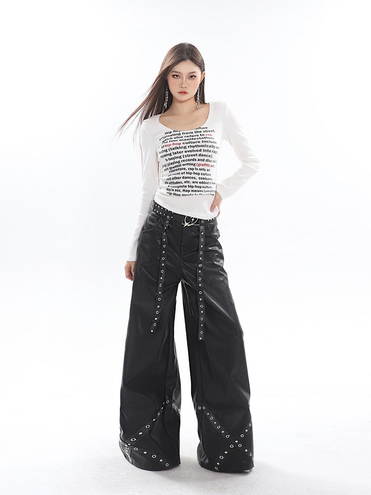 High-Fashion Metal-Accented Wide Leg Leather Pants