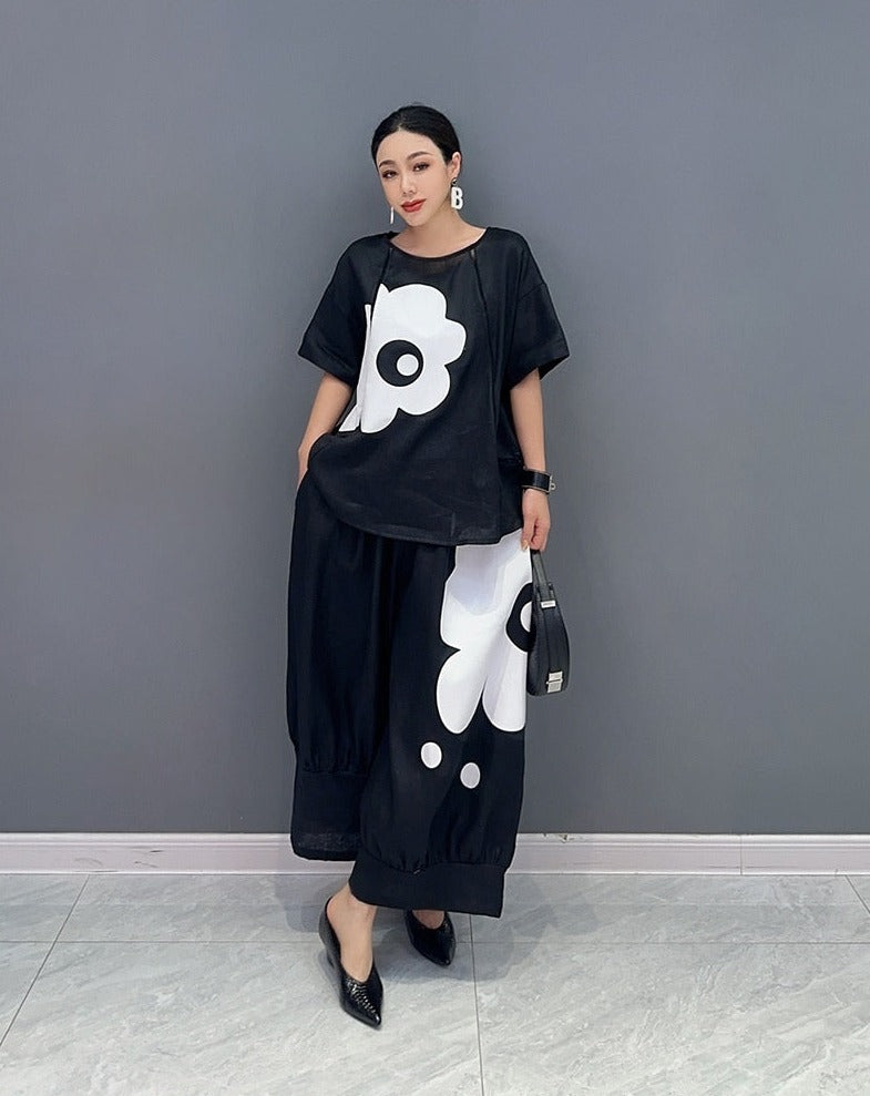 Black Short Sleeve Floral Tunic Top & Wide Leg Pants 2-Piece Set