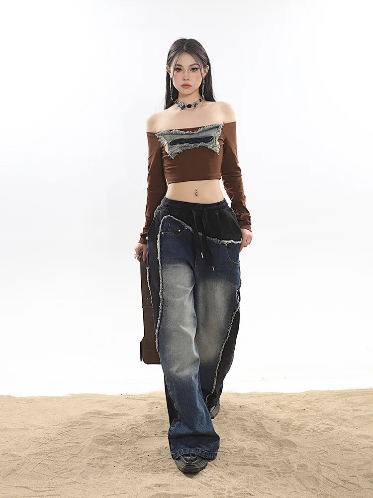 Classic Retro Elastic Waist Wide Leg Denim Pants