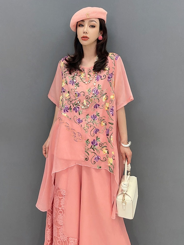 Green or Pink Floral Chiffon Loose Top & Wide Leg Pants 2-Piece Set