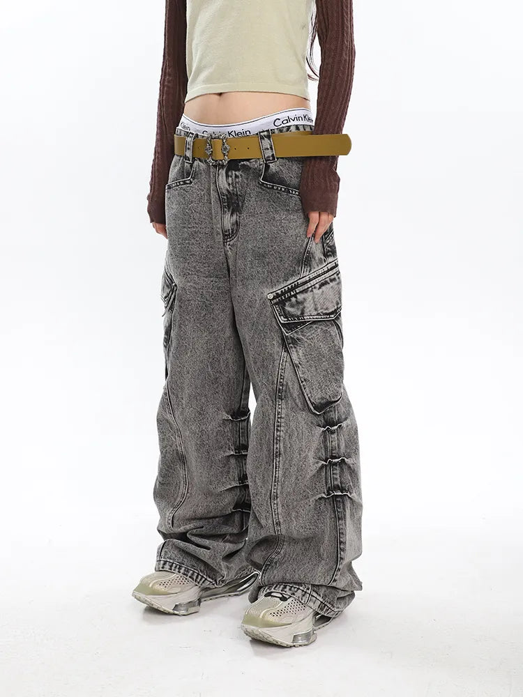 Retro Chic Old Washed Wide-Leg Cargo Pants