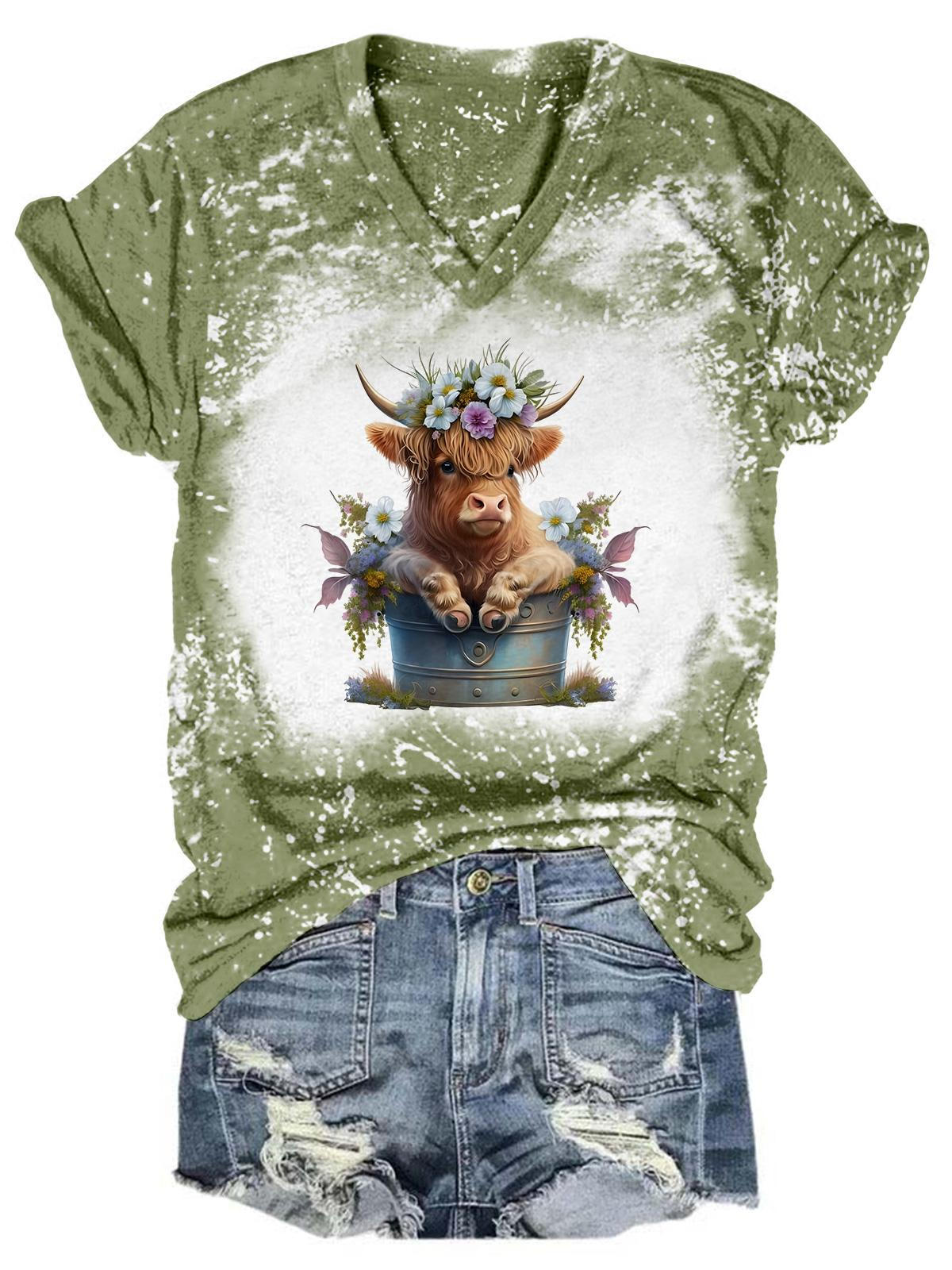 Flower Babe Highland Cow Tie Dye V Neck T-Shirt