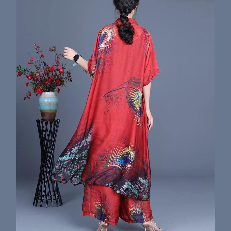 Summer 2021 Loose Silk Red Print Coat + Two Piece Pants
