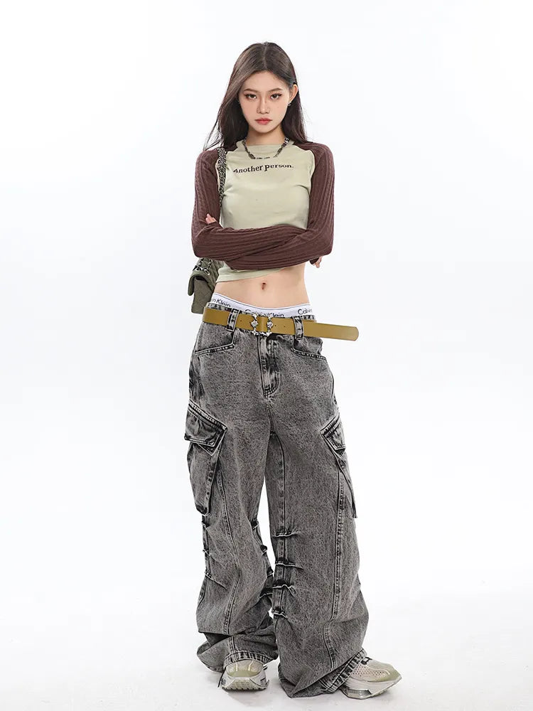 Retro Chic Old Washed Wide-Leg Cargo Pants