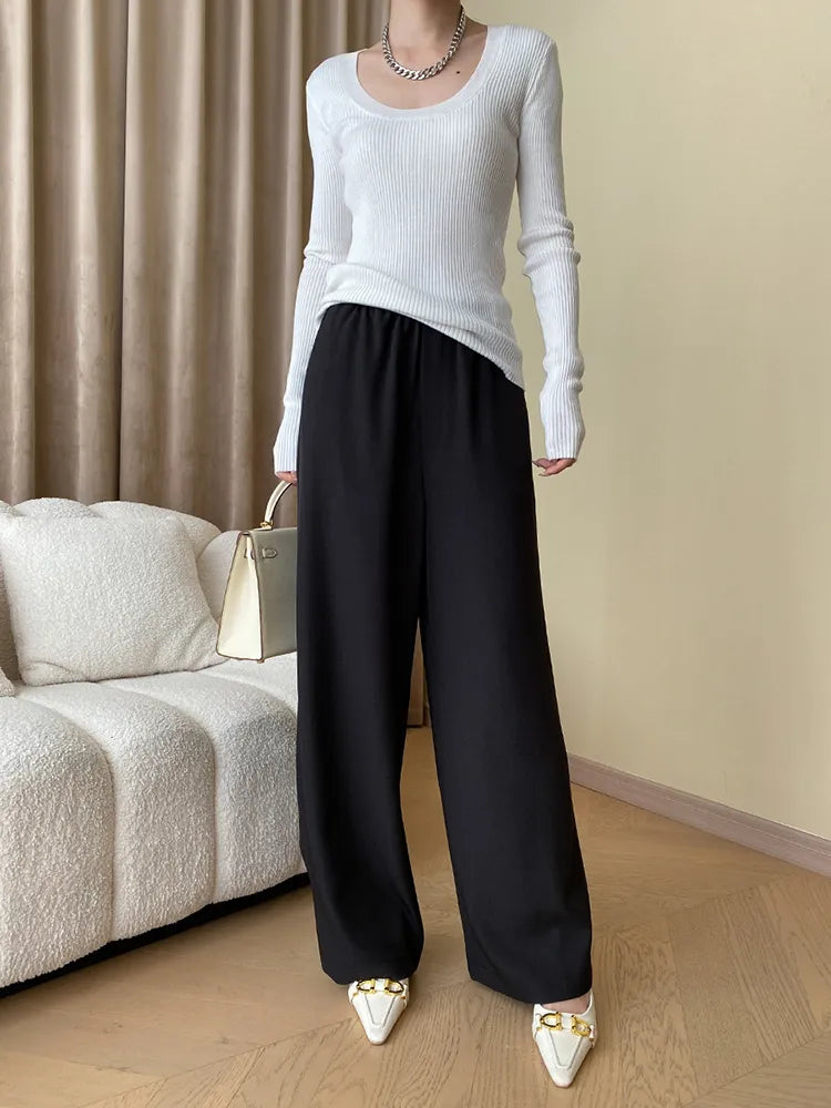 Luxury Elastic Waist Trousers Wide Leg Elegance