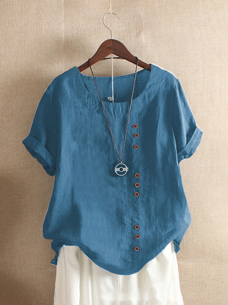 Women's 2023 Spring-Summer Casual Short Sleeve Tunic Tops Ruffle Button Loose Blouse T-Shirts