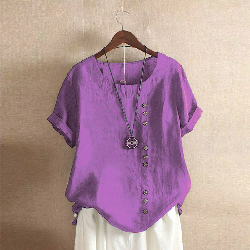 Women's 2023 Spring-Summer Casual Short Sleeve Tunic Tops Ruffle Button Loose Blouse T-Shirts