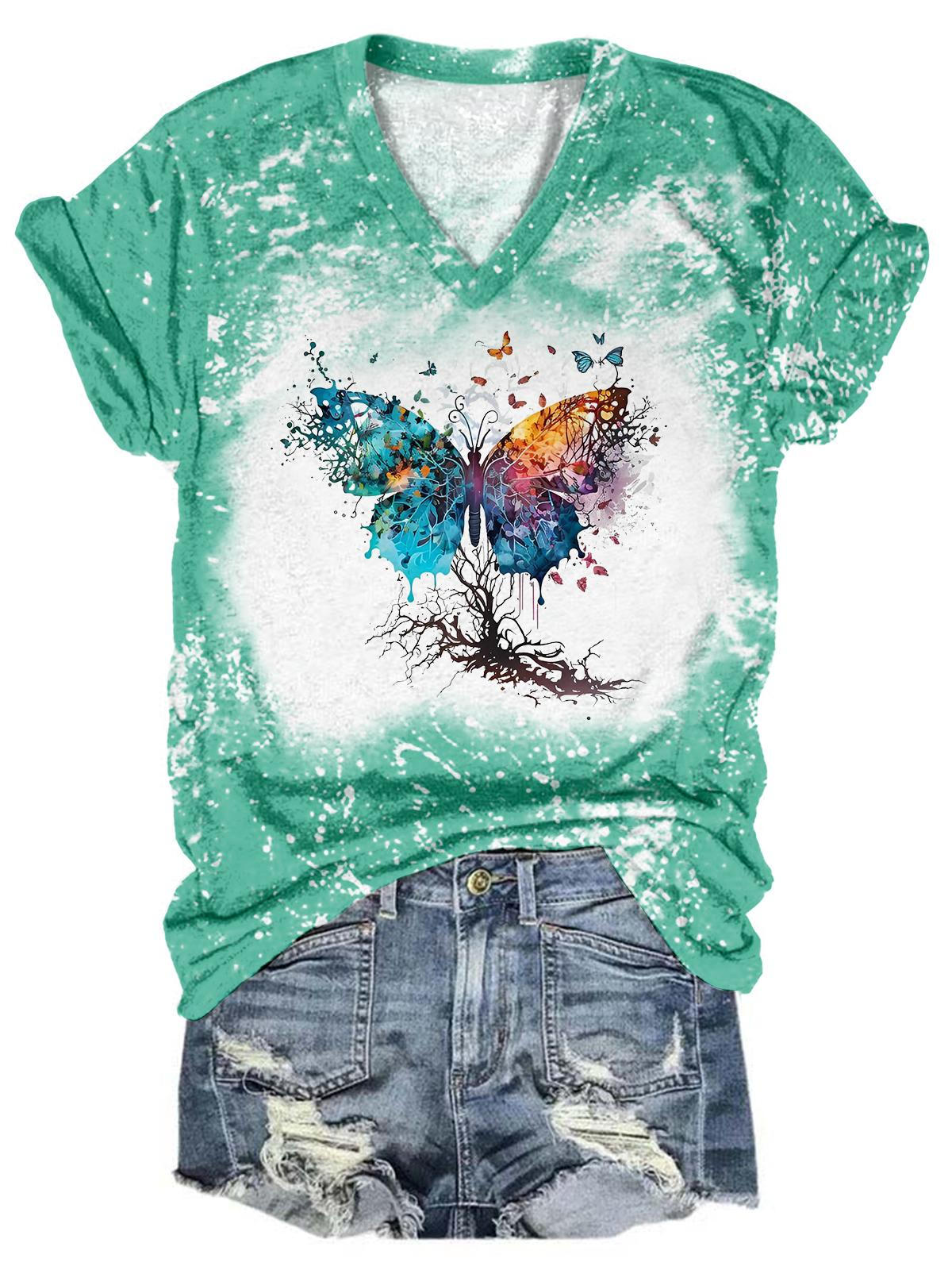 Butterfly Tree Print Tie Dye V Neck T-shirt