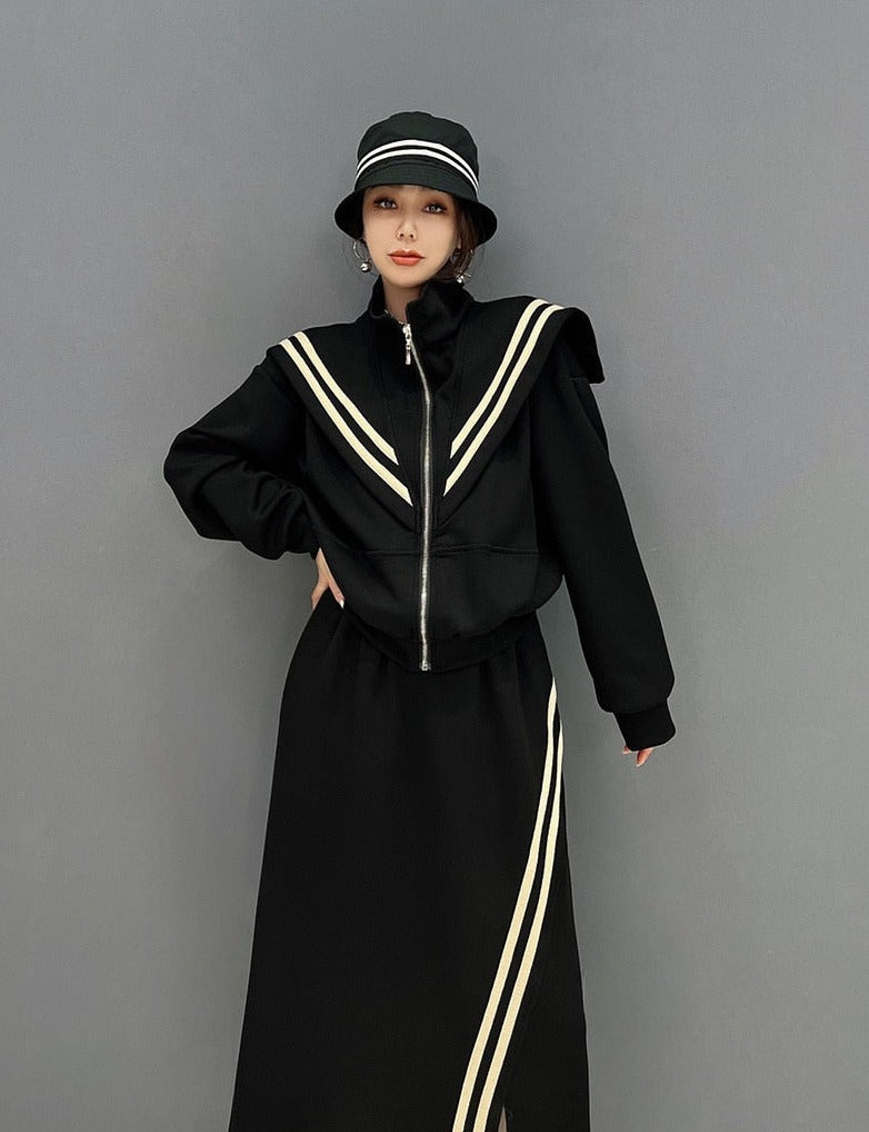 Ella Luxe Oversized Collar Top & Elastic Waist Skirt 2-Piece Set