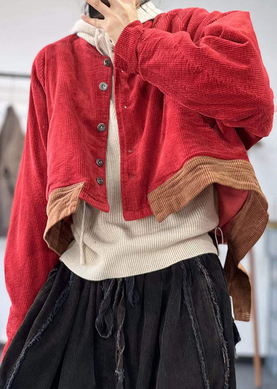 Vintage Red Oversized Patchwork Thick Corduroy Coat Winter