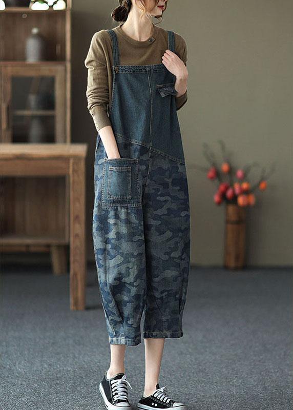 Classy Dark Blue Retro Print Cotton Body Suits Romper