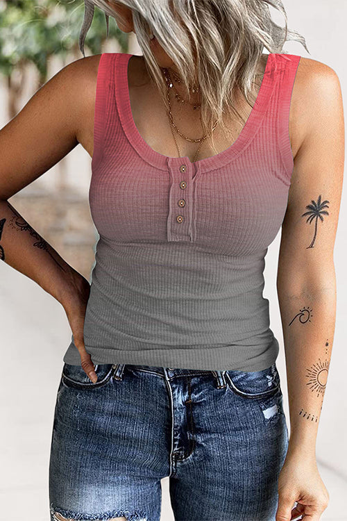 Trixiedress Casual U Neck Buttons Gradient Tank Top