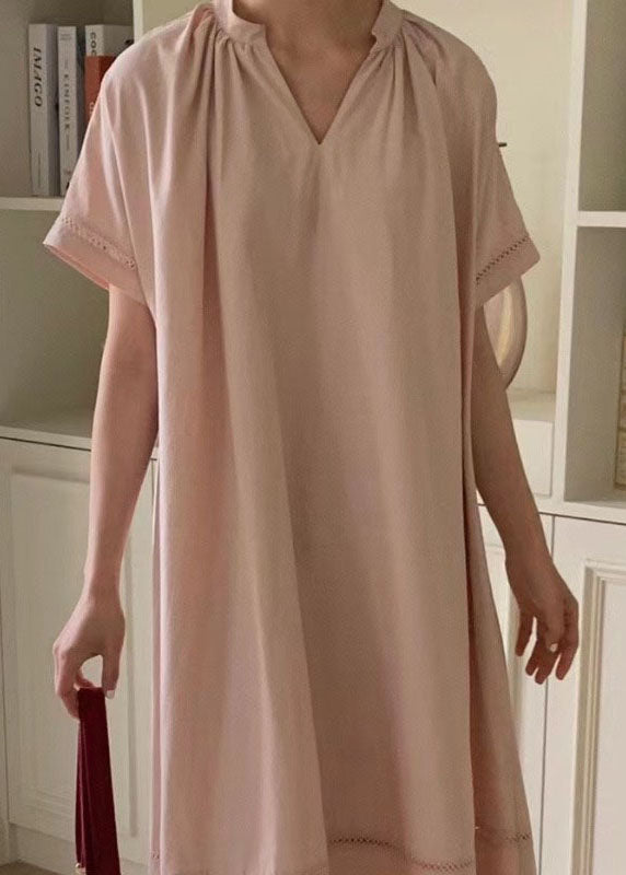 Boutique Pink V Neck Patchwork Hollow Out Cotton Loose Dress Summer