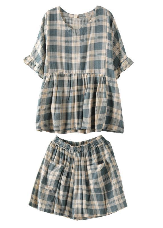 Loose Round Neck Stitching Top Elasticated Shorts Blue Plaid Two-piece Suit
