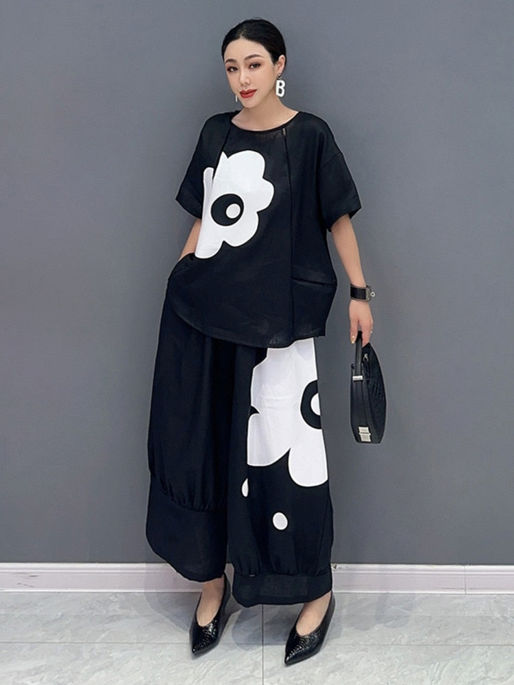 Black Short Sleeve Floral Tunic Top & Wide Leg Pants 2-Piece Set