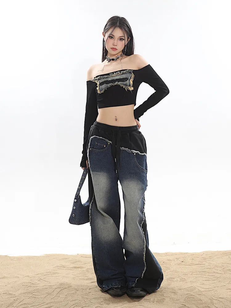 Classic Retro Elastic Waist Wide Leg Denim Pants