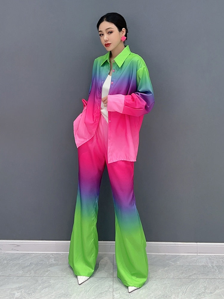 Casual Chic Gradient Long Sleeve Blouse & Loose Pants 2-Piece Set