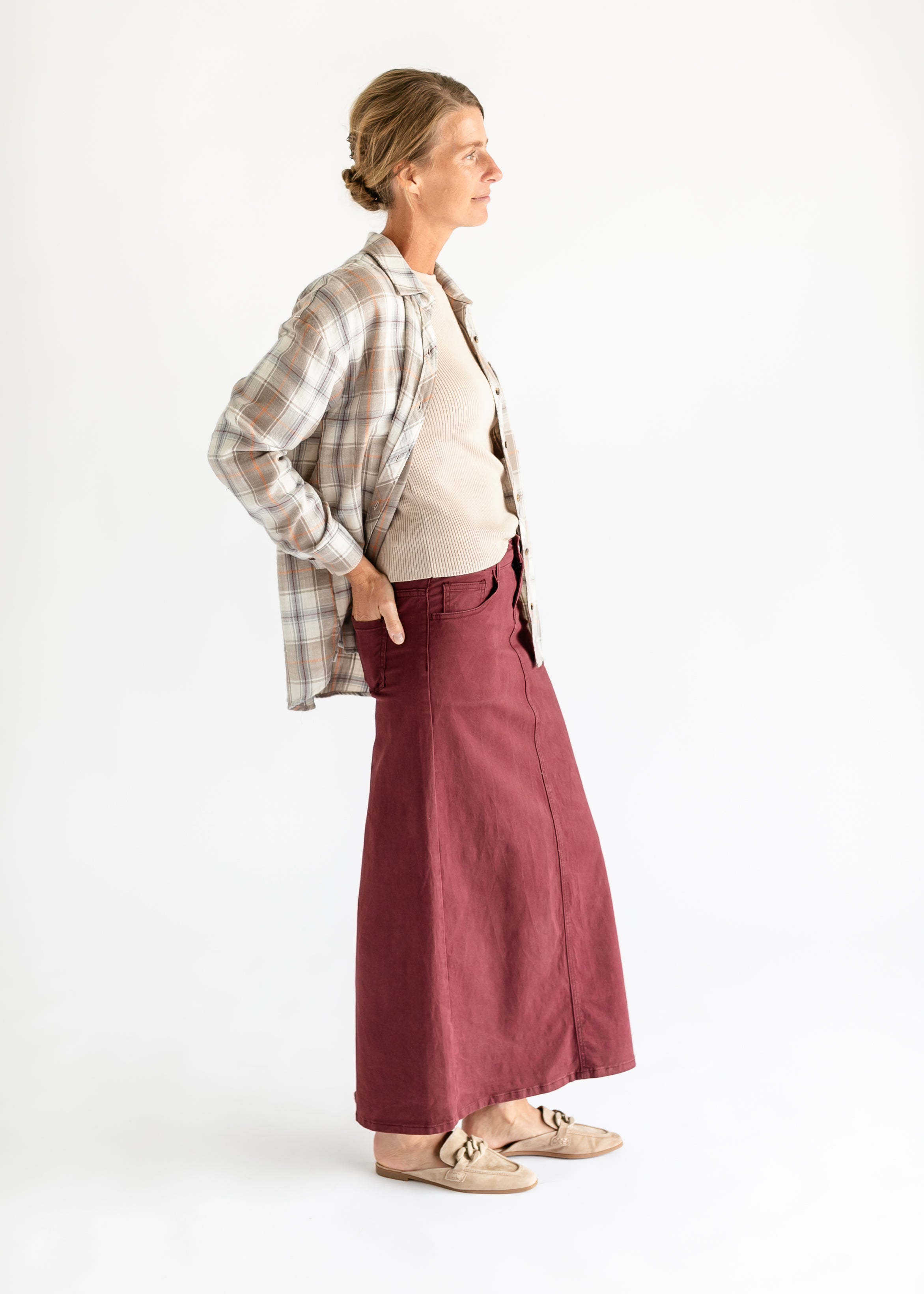 Stella Burgundy Denim Maxi Skirt