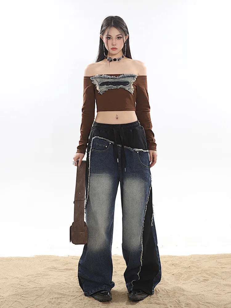 Classic Retro Elastic Waist Wide Leg Denim Pants