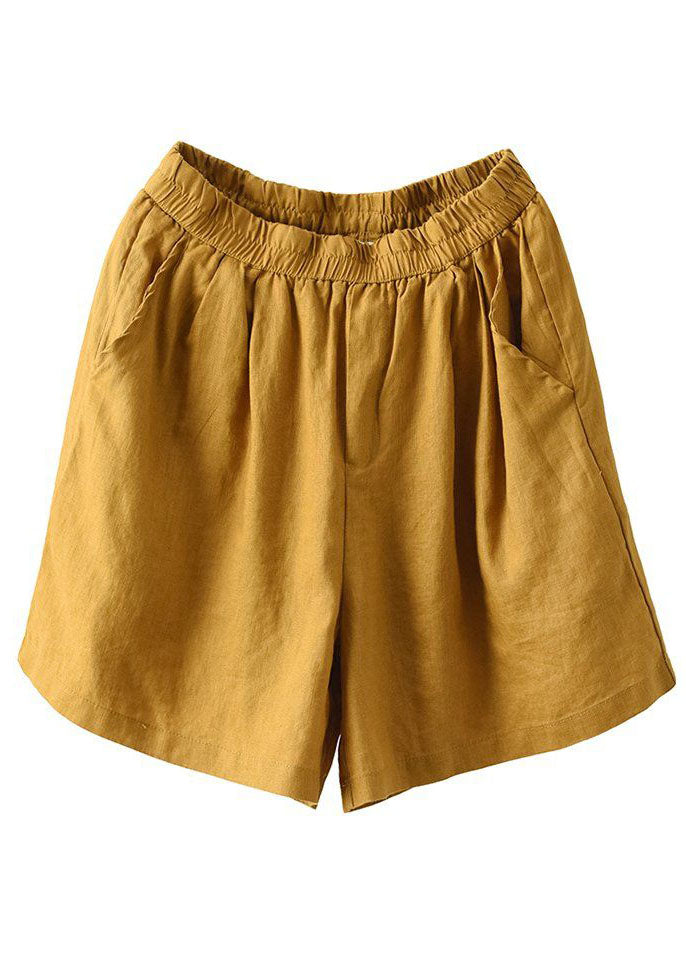 Yellow Pockets Elastic Waist Linen Shorts Summer