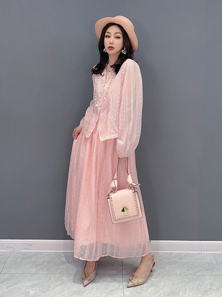 Pink or White Long Sleeve Lace Top & Maxi Skirt 2-Piece Set