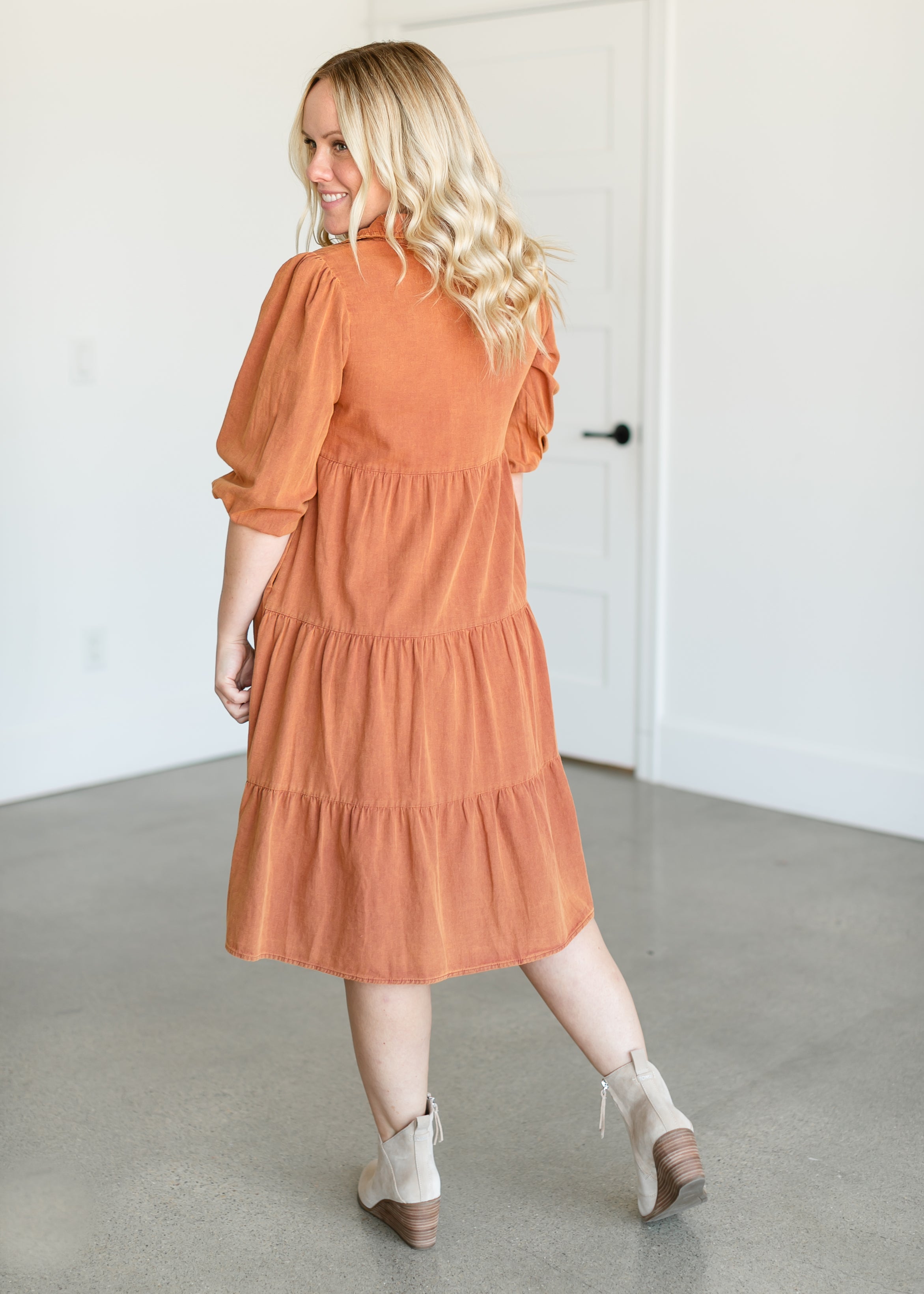 Collared Denim Midi Shirt Dress