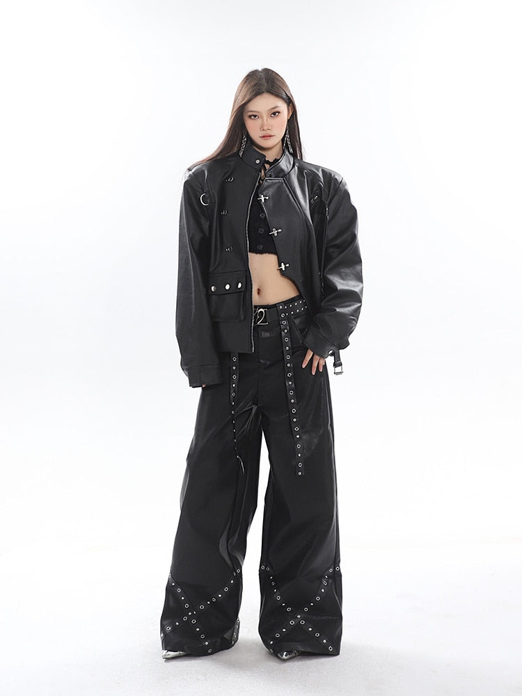 High-Fashion Metal-Accented Wide Leg Leather Pants