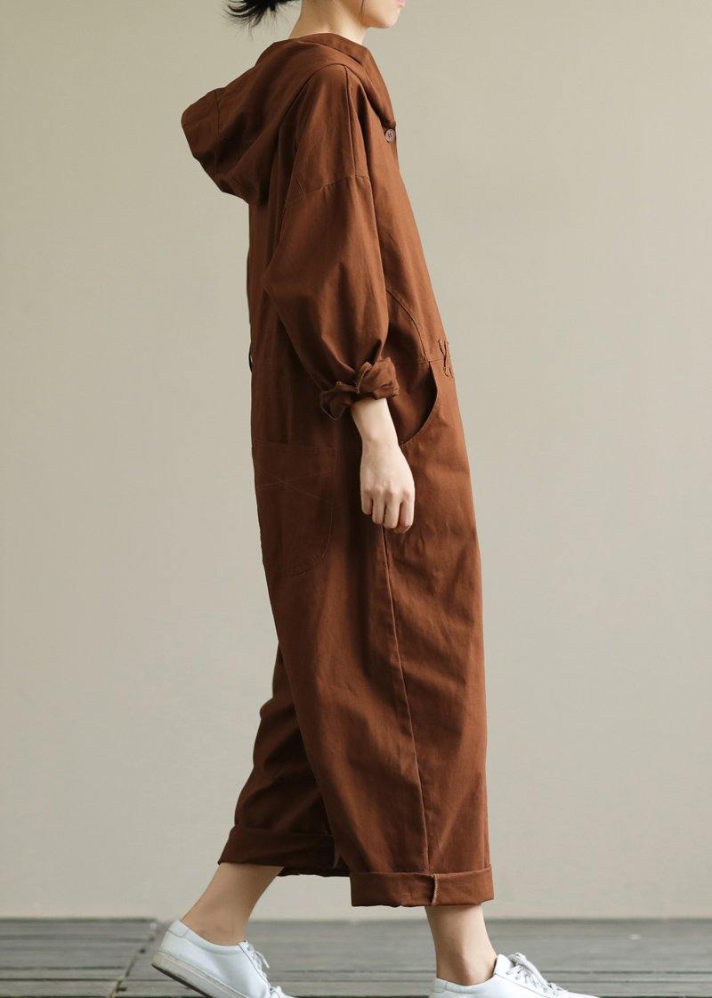 Loose hooded brown all-match long-sleeved ladies nine-point jumpsuit