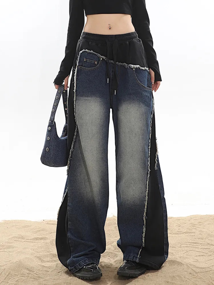 Classic Retro Elastic Waist Wide Leg Denim Pants