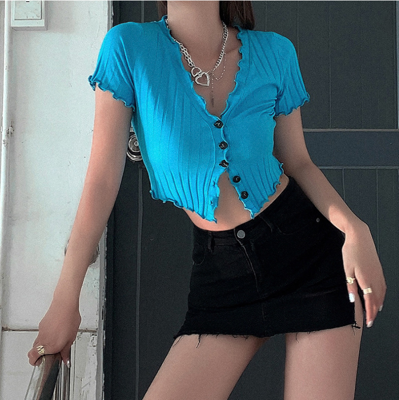 Women V-neck Fahion Casual T-shirts Short Sleeve Summer 2021 Crop Top Slim Female Short Soft Knitted Fabric Tees Harajuku Tops