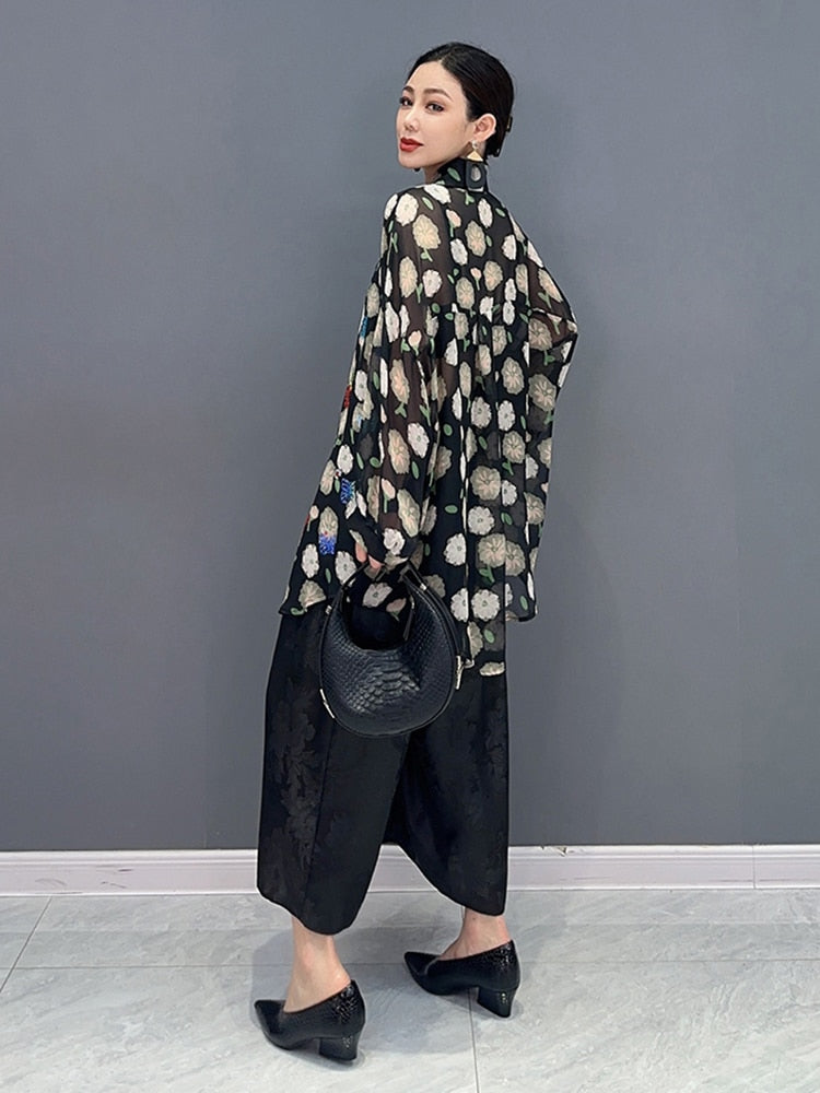 Butterfly & Floral Long Sleeve Blouse Top & Wide Leg Trousers 2-Piece Set