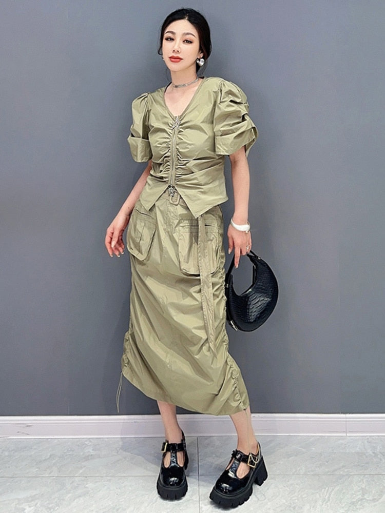 Casual Chic Drawstring V-Neck & Skirt 2-Piece Set