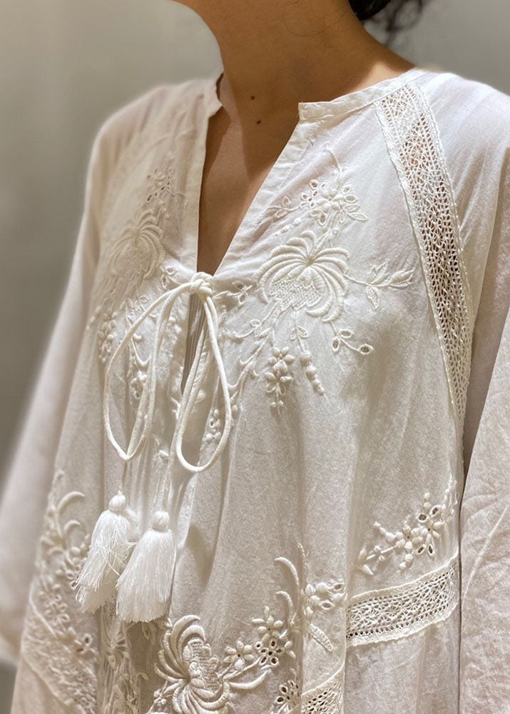 Simple White Embroideried Hollow Out Cotton Long Dresses Spring