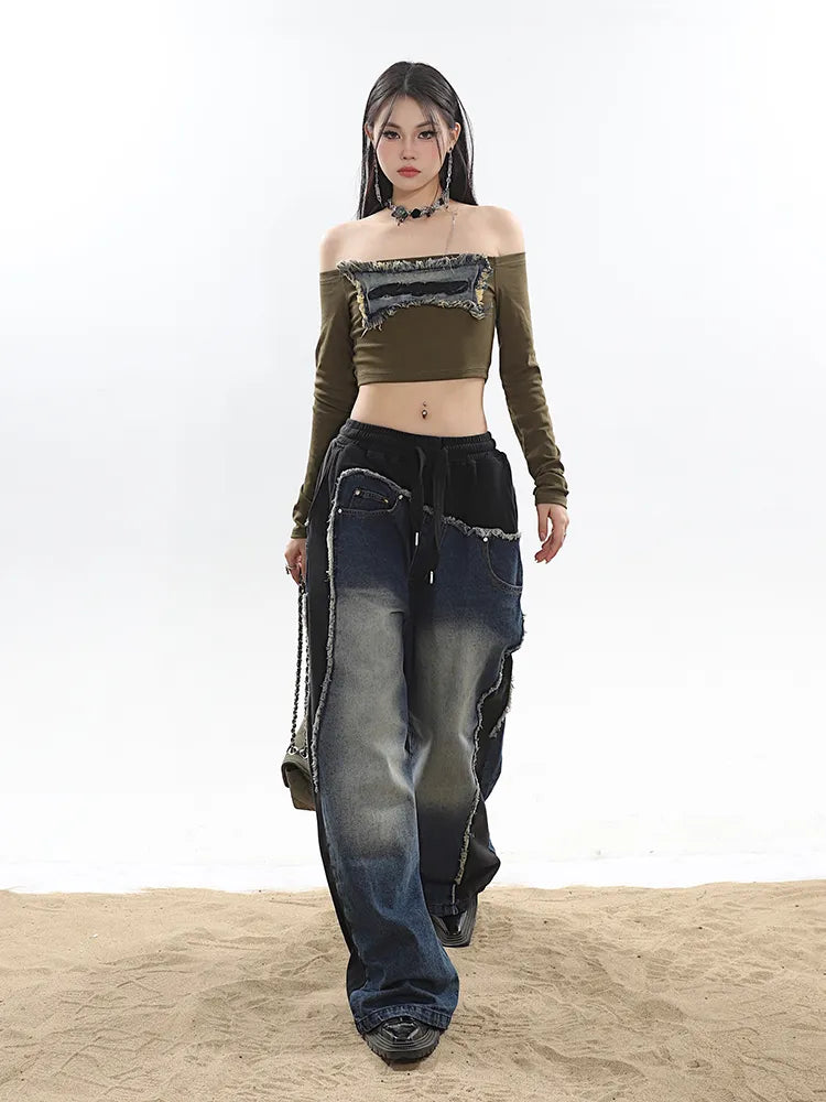 Classic Retro Elastic Waist Wide Leg Denim Pants