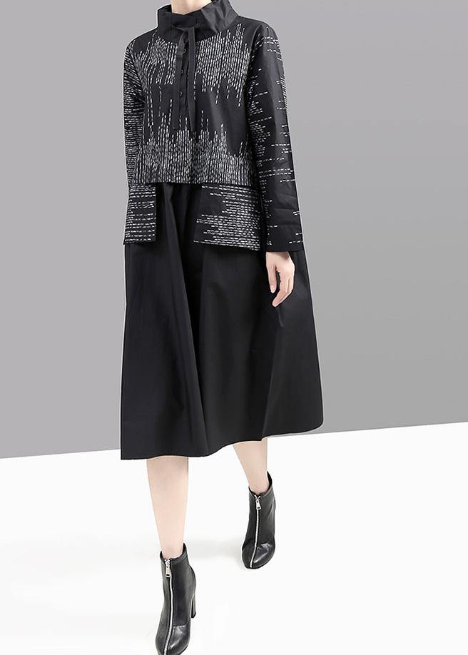 Modern false two pieces cotton patchwork quilting dresses Shirts gray prints Plus Size Dress