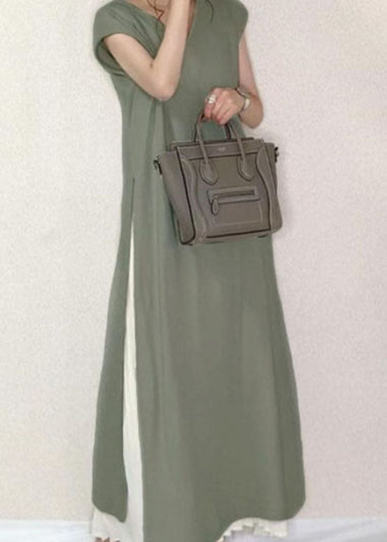 Women Grey O-Neck Wrinkled Patchwork Side Open Cotton Two Pieces Set Summer